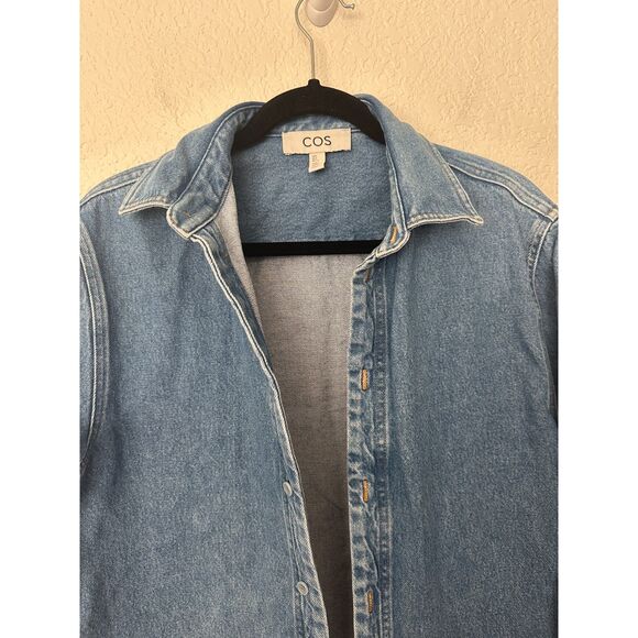 COS Blue Denim Bleached Hem Button Down Long Sleeve Shirt Mens Small - Picture 2 of 9